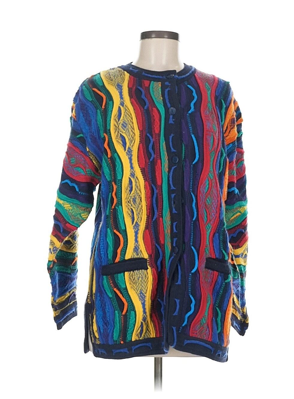 VTG Aklanda 3D Knit Coogi Style Cardigan Sweater Rainbow Australia Wool M